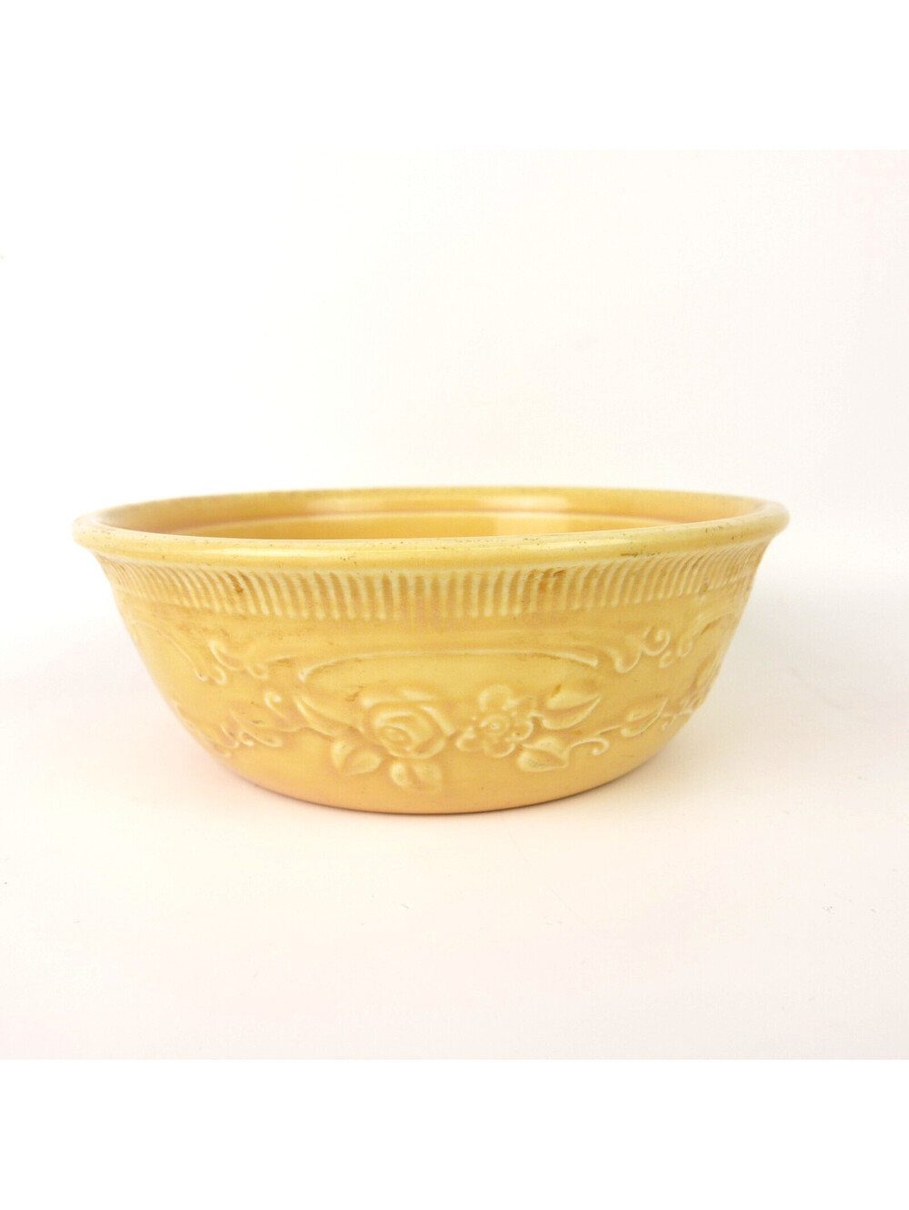 Vintage Homer Laughlin Oven Serve Yellow Mixing Serving Bowl Floral Embossed 7"